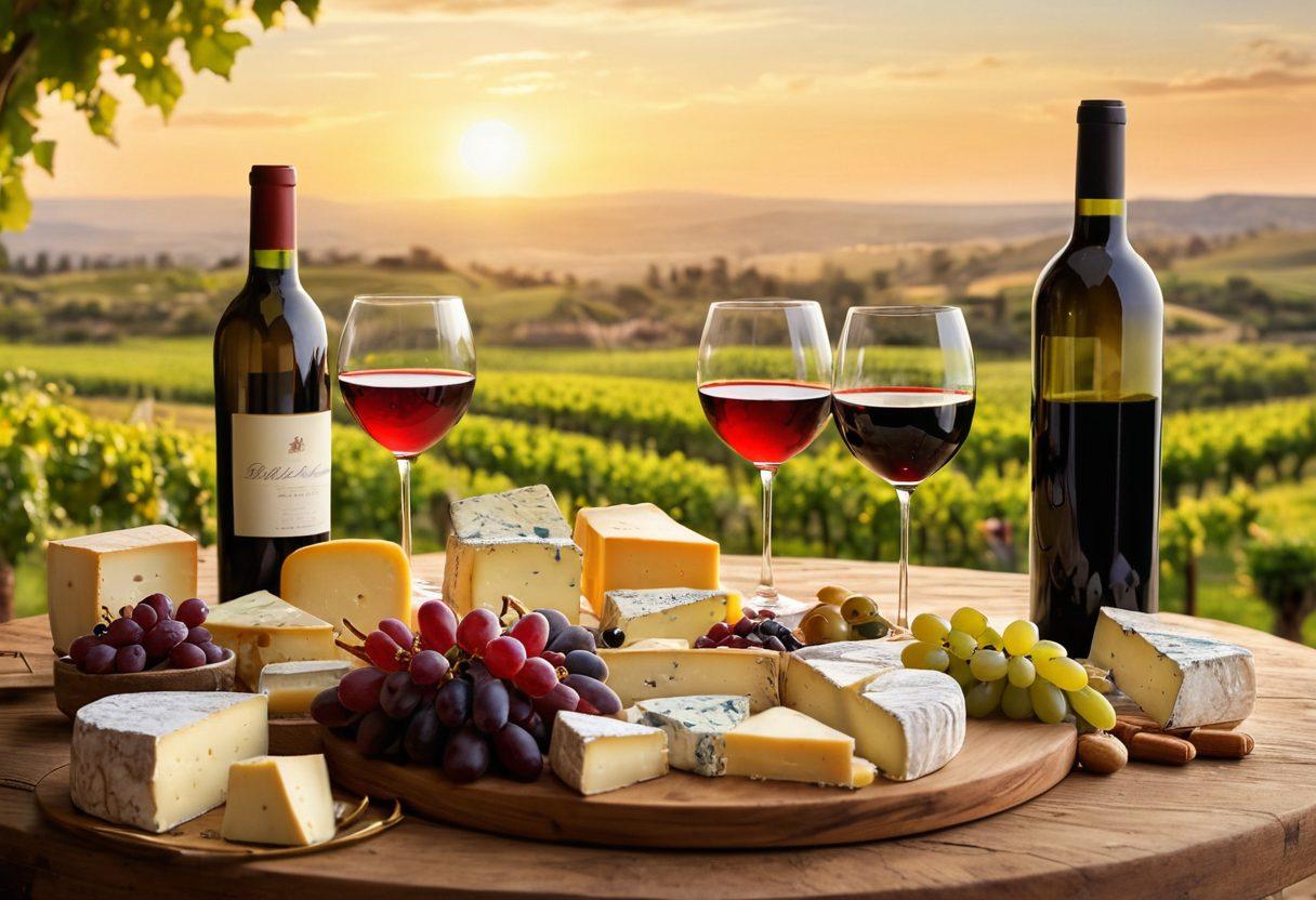 A beautifully arranged wine table featuring elegant wine glasses filled with red and white wines, surrounded by an assortment of gourmet cheeses, grapes, and olives. The background showcases a rustic vineyard at sunset, with rolling hills and vines glistening in the golden light. The scene evokes feelings of celebration and indulgence, inviting wine lovers to savor the moment. super-realistic. warm tones. soft lighting.