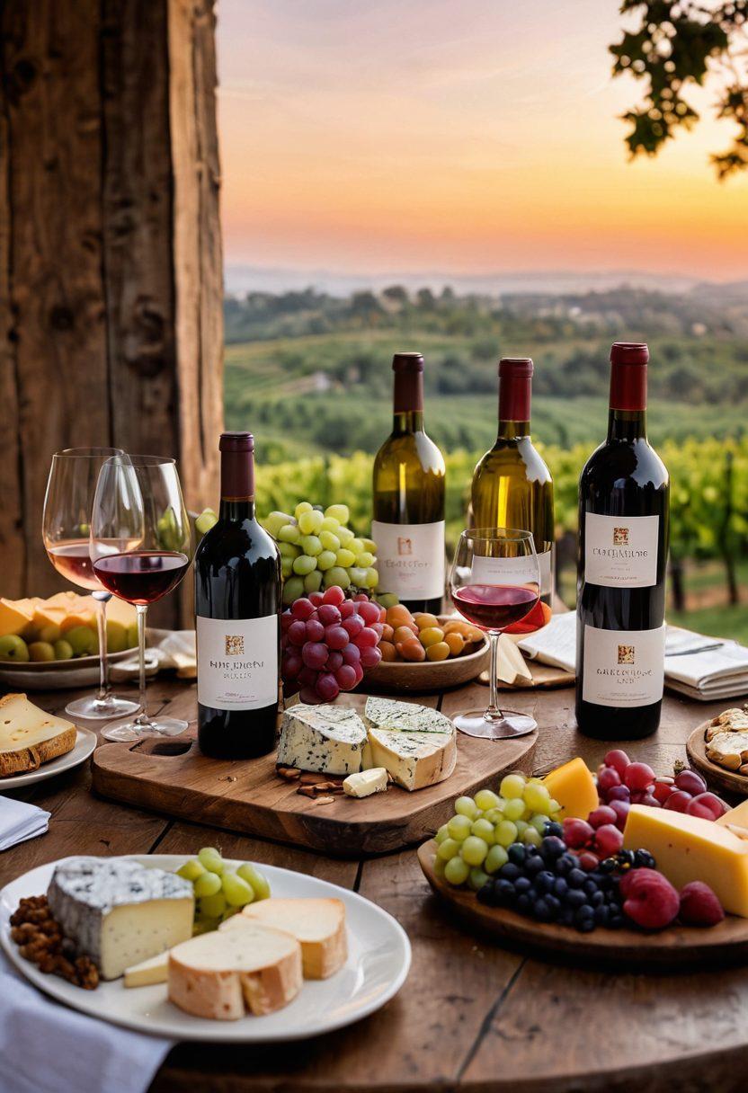A beautifully arranged table with a diverse selection of wine bottles, surrounded by elegant wine glasses filled with red, white, and rosé wines, accompanied by gourmet cheese and a variety of fruits. Soft, warm lighting adds a cozy ambience, while a backdrop of a rustic vineyard sunset creates an inviting atmosphere. Various wine-related books are subtly displayed, hinting at the joy of knowledge in wine culture. super-realistic. vibrant colors. warm lighting.