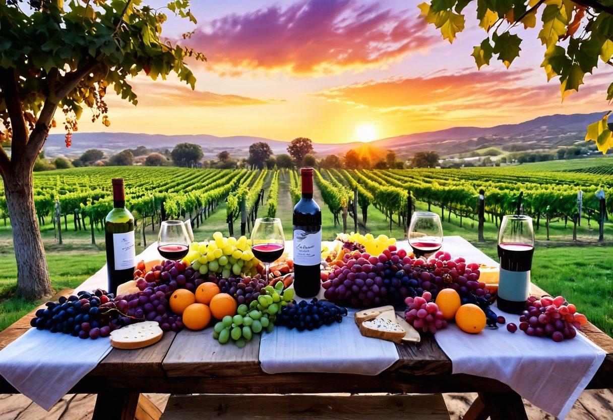 A picturesque vineyard at sunset, with rows of grapevines laden with ripe grapes, a cheerful gathering of friends clinking wine glasses in celebration, and a rustic wooden table adorned with a variety of wine bottles and cheese platters. The sky is a blend of warm oranges and pinks reflecting the joy of sipping wine together. super-realistic. vibrant colors. warm lighting.